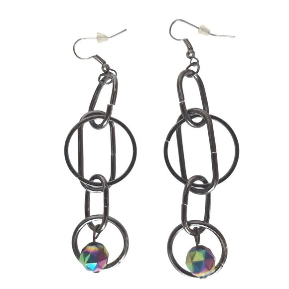 Silver Tone Chain Link Drop Earrings With Iridescent Beads - Picture 2 of 4